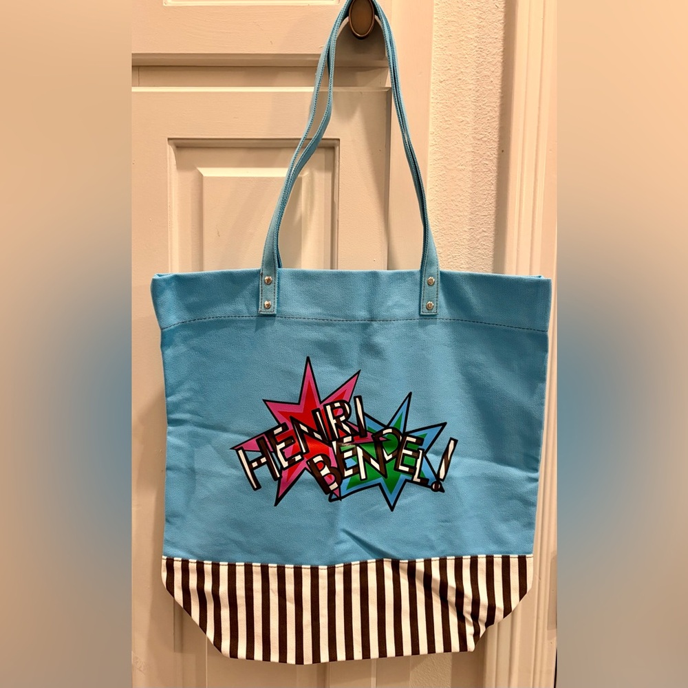 NWT HENRI BENDEL light blue canvas market tote multicolor/brown striped base